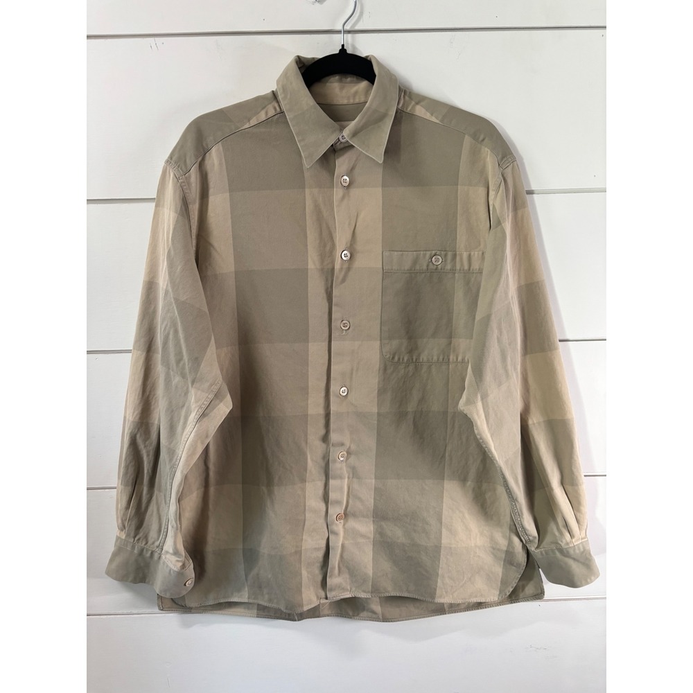 Ermenegildo Zegna Shirt Mens Medium Tan Green Cotton Shadow Check Italy Classic